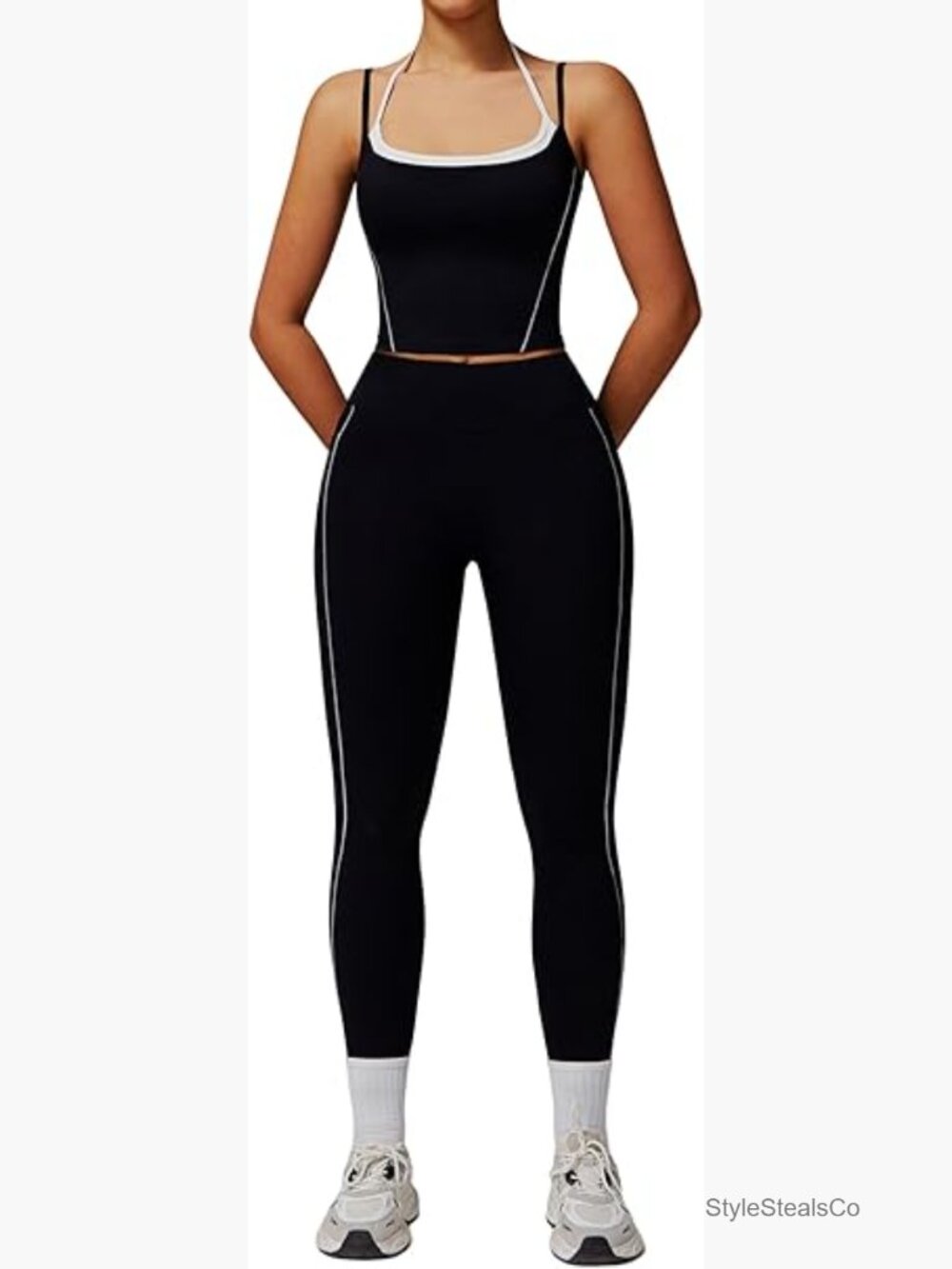 Women's 2-Piece Workout Set with Pockets, High Waist Leggings, Spaghetti Strap